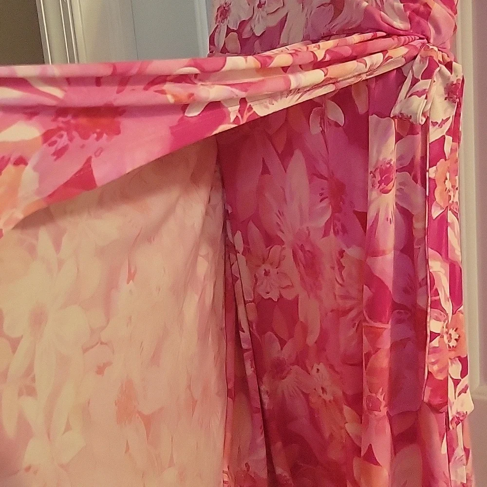 Susan Graver Liquid Knit Floral Pink Faux Wrap Dress Small - Picture 6 of 10